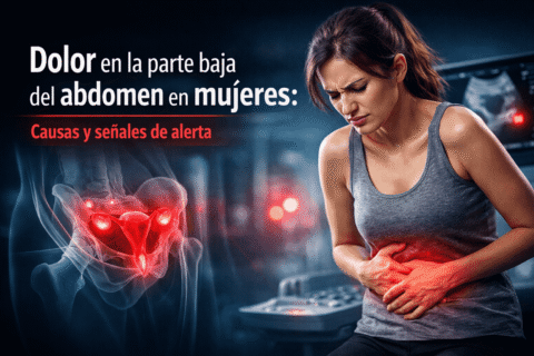 Mujer con dolor en la parte baja del abdomen sosteniendo el vientre