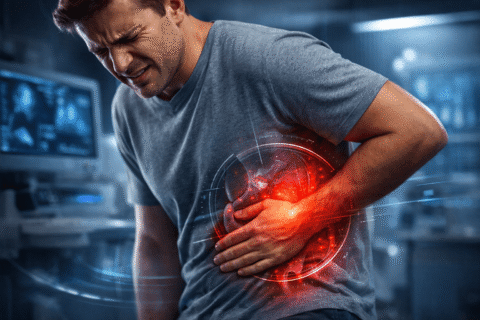 dolor lado derecho abdomen causas ilustración médica