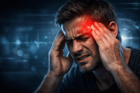 persona con dolor de cabeza intenso con enfoque en zona de dolor iluminada