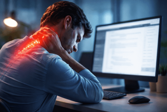 Dolor en cuello y hombros por mala postura frente a computadora con tensión muscular visible