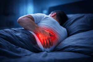 persona con dolor lumbar al despertar en cama