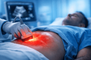 ultrasonido abdominal evaluando órganos internos